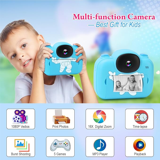 Kids Camera Instant Print, 3.5'' Kids Digital Camera Instant with 1080P HD Photos & Videos, Christmas Birthday Gifts for Girls Boys Age 3-12 (Blue)