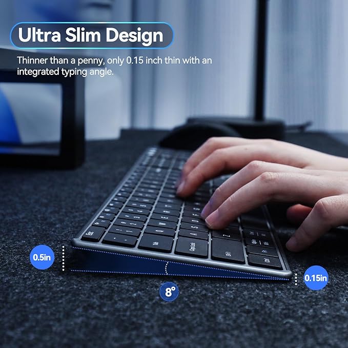 AUSDOM 2.4G Wireless Bluetooth Keyboard Full Size, Quiet Slim Multi-Device Rechargeable Cordless QWERTY Keyboard with Number Pad, Low Profile Silent Flat Universal Keyboards for Computer/Mac/Windows