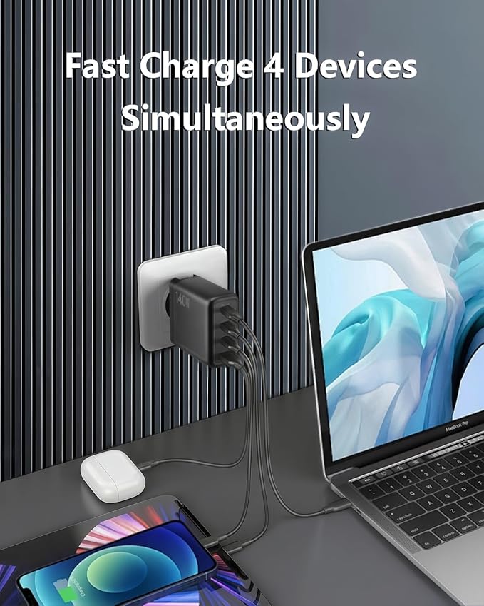 140W USB C Charger, 4-Port Foldable Compact Fast Laptop Charger Power Adapter, Advanced GaN Wall Charger, Compatible for MacBook Pro/Air, iPad Pro, iPhone 16 Pro, Galaxy S25/S24, Steam Deck, and More