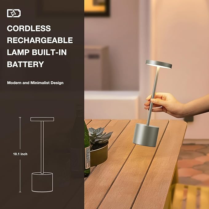 Kakanuo Grey Rechargeable Cordless Lamp - Touch Control, 3 Color Temperature, Wireless Battery Operated Lamps, Stepless Dimmable, Set of 2