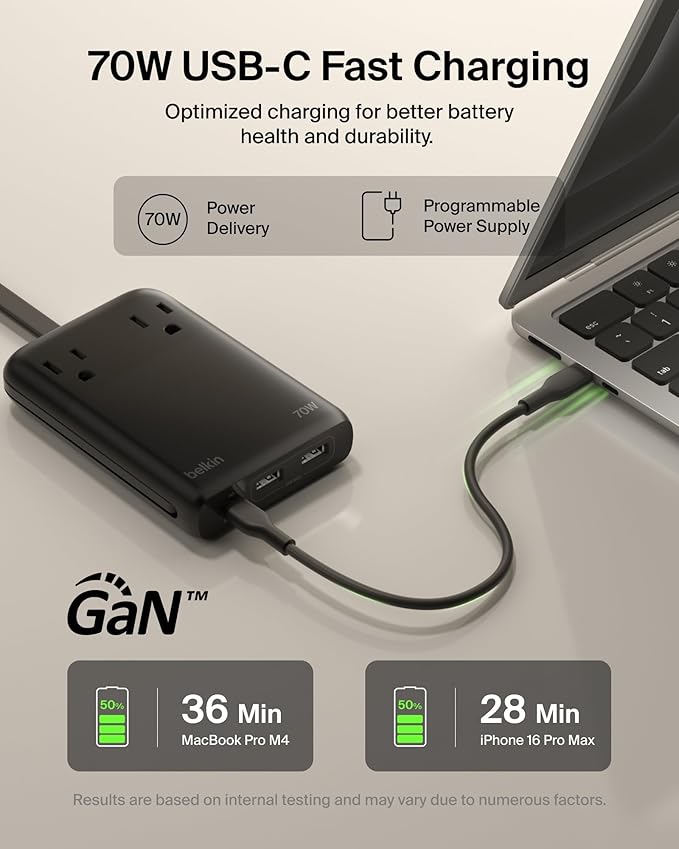 Belkin GaN Charging Station 70W, 6-in-1 USB C Charger w/ 2X AC Outlets, 2X USB A Ports, Integrated USB C Cable - Power Strip for iPhone, Apple Watch, iPad, MacBook, Chromebook, Galaxy, Pixel, & More