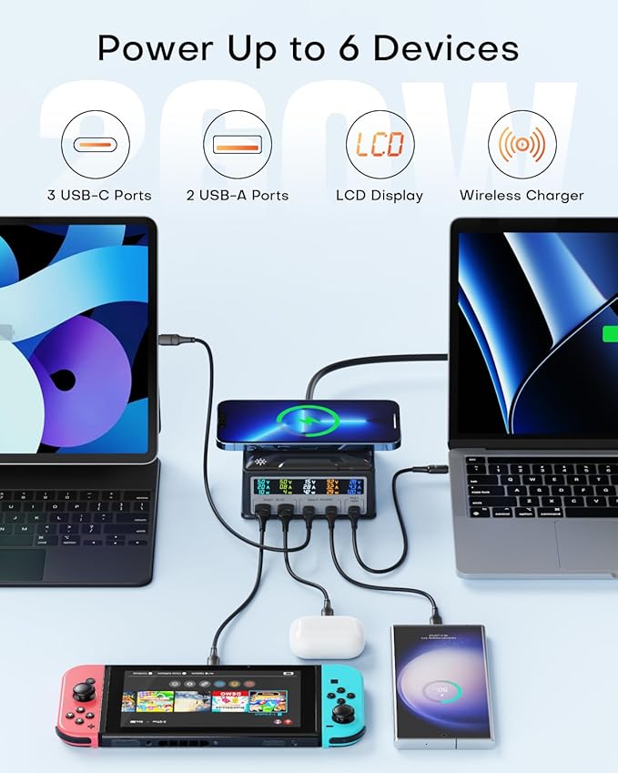 USB Charging Station,ASOMETECH 260W 5Ports Fast Charging Hub,140W PD3.1 USB C GaN Charger with LCD Display,Wireless Charger,Desktop Laptop Adapter for MacBook Pro/Air,iPad,iPhone,Samsung