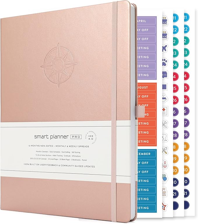 Smart Planner Pro – Undated Daily Planner – Large A4 – Achieve Goals & Increase Productivity with Weekly, Monthly, Work Sections - Organizer Diary with Back Pocket, 3 Satin Bookmarks & Pen Holder