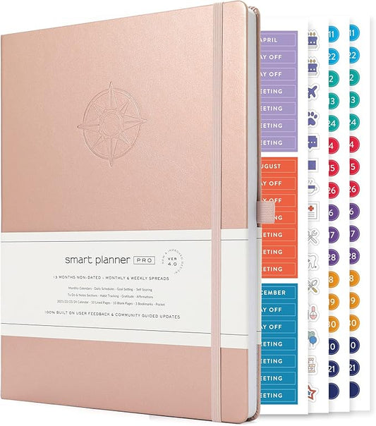 Smart Planner Pro – Undated Daily Planner – Large A4 – Achieve Goals & Increase Productivity with Weekly, Monthly, Work Sections - Organizer Diary with Back Pocket, 3 Satin Bookmarks & Pen Holder