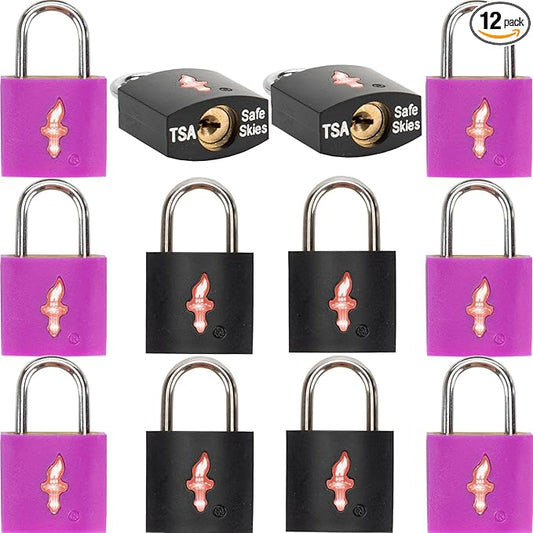 12 Pack TSA Travel Lock,TSA Luggage Lock for Suitcases, Gun Cases & Travel Bags - Solid Brass Security Lock with Color Shell (12 Colors: Black/Juice)