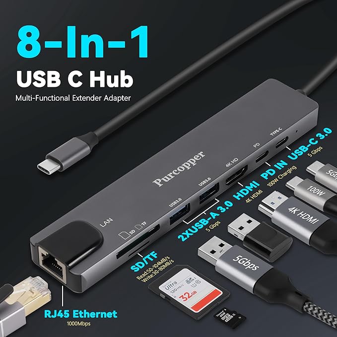 8 in 1 USB C Hub Ethernet Adapter with 4K HDMI, PD100W Charging, Gigabit Ethernet, SD/TF Card Reader,2X USB 3.0 Port, USB-C Data Port, Docking Station Compatible for MacBook, Tablet and Type C Devices