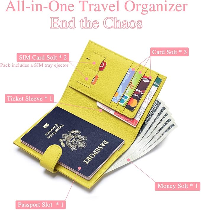 Passport Wallet for Women – RFID Blocking Passport Holder for Travel Women with Card Slots, Coin Pocket & SIM Slot – Slim Genuine Leather Travel Organizer – Lemon Yellow