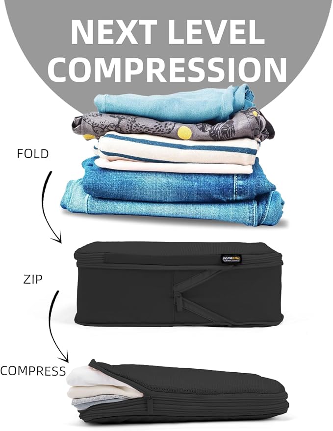 6 Set Compression Packing Cubes, Suitcase Storage Bags for Clothes and Travel Essentials (Pure Black)