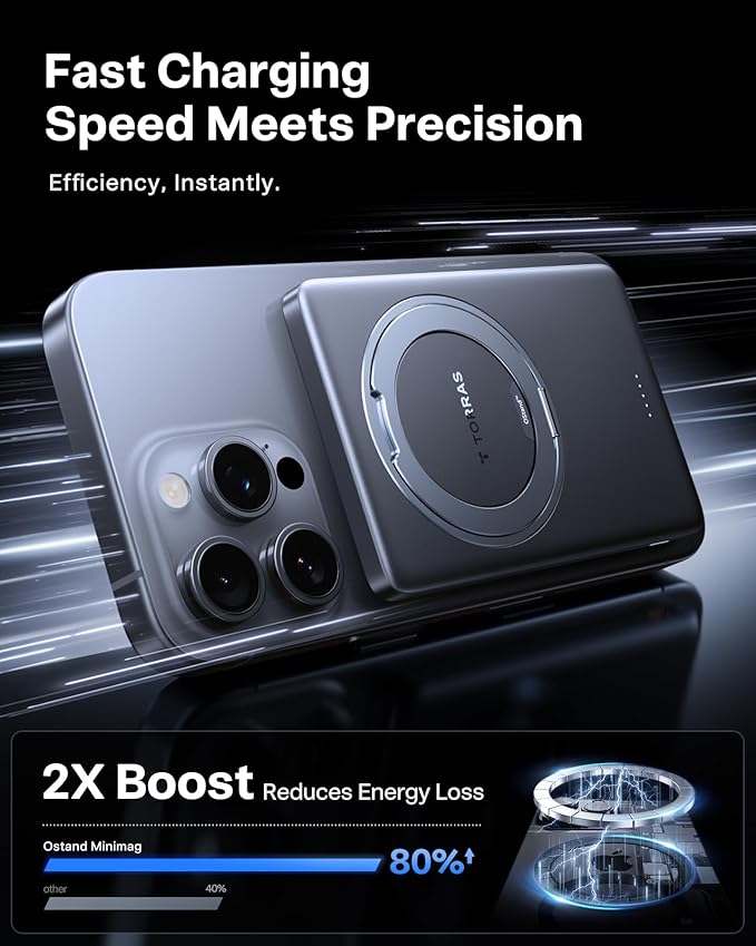 TORRAS Ostand MiniMag Power Bank, 5,000mAh Ultra Slim Magnetic Portable Charger with Stand, Fast Charging for iPhone Air Wireless Mag-Safe Battery Pack for iPhone 17/17 Pro/17 Pro Max/16/15/14, Gray