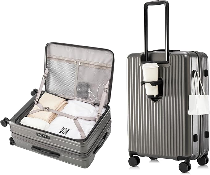 HotWay 24 Inch Expandable Checked Luggage with Cup Holder, Hardside TSA Approved Luggage with Spinner Wheels, Top Opening Suitcase For Travel, Gray