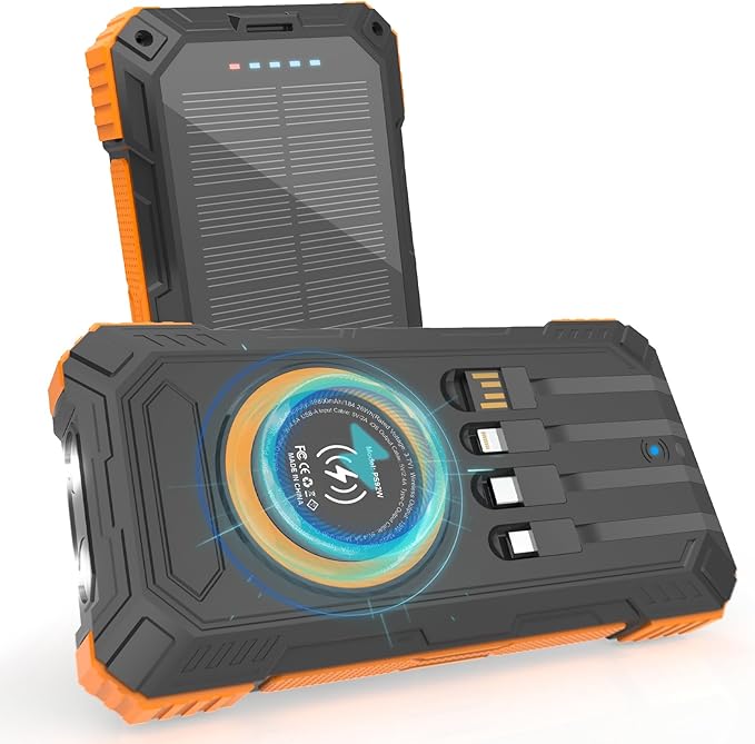 ERRBBIC Solar Charger Power Bank 49800mAh, 22.5W Portable Charger, 15W Wireless Charging, Solar Panel Charger, Built-in Four Cable, with USB C for Cell Phones, with Dual Flashlight for Camping