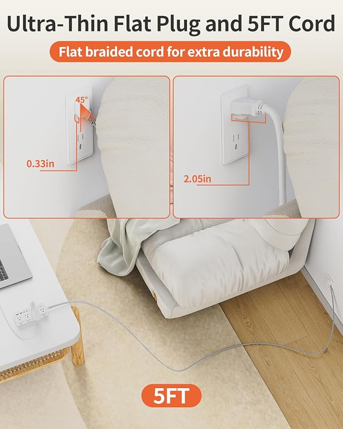 Power Strip Surge Protector, 5FT Braided Extension Cord with Multiple Outlets-8 AC Outlets 4 USB Ports (2 USB C), Flag Plug Charging Station, 1700 Joule Surge Protection for Home Office, White