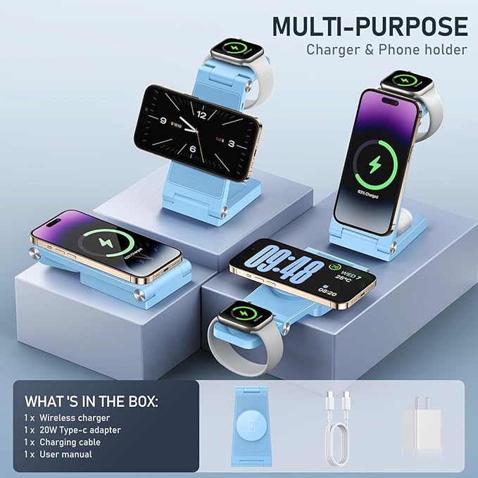 Magnetic Wireless Charger Stand, 3 in 1 Foldable Wireless Charging Station, Travel Charger for Multiple Devices for iPhone 16 15 14 13 12 Series, Apple Watch Ultra/SE/9/8/7/6/5/4/3/2, AirPods