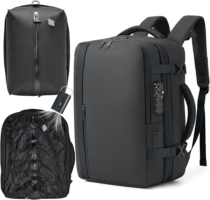 Fanwoli Vacuum Travel Backpack, Carry On Luggage with TSA Lock & Anti Theft Zipper, 60L Expandable Airback with Compression Pump, Waterproof Laptop Bag Ideal for Flight & Business,Black