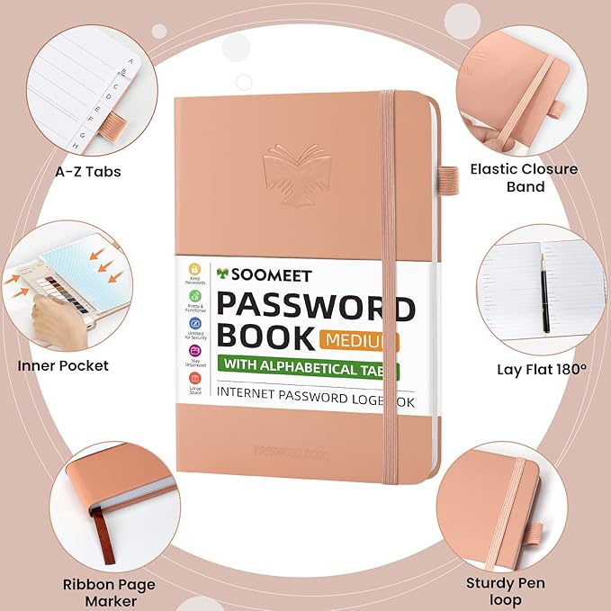 Password Book with Alphabetical Tabs, Internet Address and Password Keeper, A5 Size 8.3"x6" Password Notebook for Saving Internet Login, Username, Password Organizer for Computer & Website