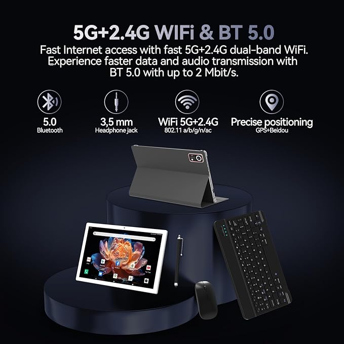 ANTEMPER Android Tablets 10 Inch, 5G WiFi Tablet Mit 8GB RAM+128GB ROM(1TB TF),2 in 1 Tablet with Keyboard Mouse Pen-Octa-Core2.0Ghz | 6000mAh | 1080FHD | 13MP Camera | WLAN GPS OTG Typ-c-Sliver