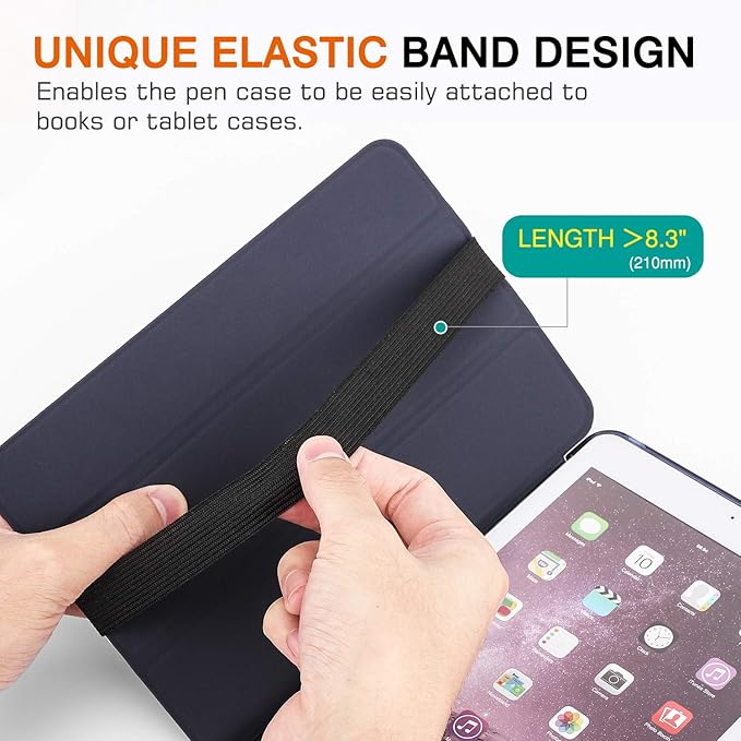 MoKo Pencil Case (2 Pack), PU Leather Pen Pencil Pouch Holder Stationery Zipper Bag with Elastic Strap for Pens, Pencils, Markers, Eraser - Printing & Dark Blue