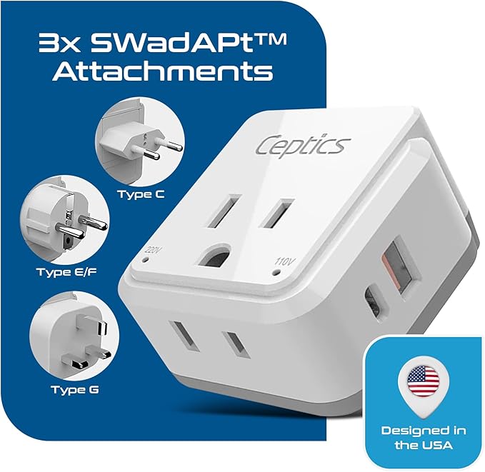 Ceptics European Plug Travel Adapter Set, 20W PD & QC, Safe Dual USB & USB-C - 2 USA Socket - Compact - Use in Germany, France, Italy, UK - Includes Type E/F, Type C, Type G SWadAPt Attachments