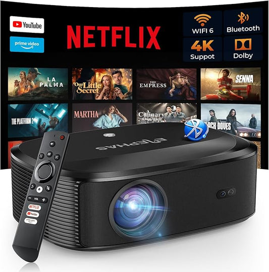 4K Projector with Wifi and Bluetooth, ELEPHAS Outdoor Movie Projector with NETFLIX/Prime Video/YouTube Built-in, 100,000+ Apps Supported, Video Projector Compatible with HDMI/USB/iOS/Android/Windows