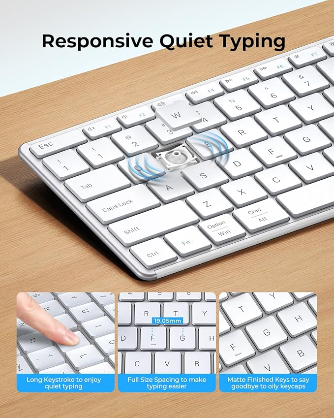 seenda Wireless Bluetooth Keyboard and Mouse Combo (USB + Dual BT), SKM64-3 Multi-Device Rechargeable Slim Keyboard and Mouse, Compatible for Win 7/8/10, MacBook Pro/Air, iPad, Tablet - White Silver