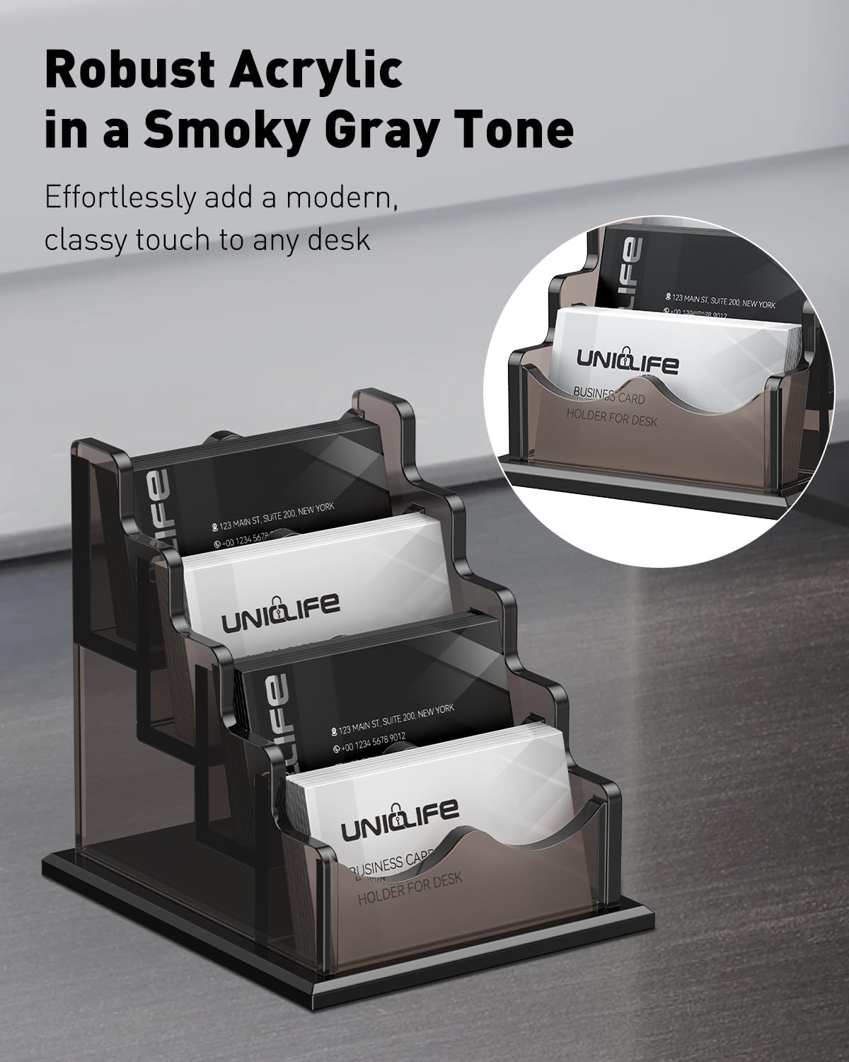 Uniclife Acrylic Business Card Holder for Desk 4 Slots Horizontal Business Card Display Stand for Men and Women Desktop Name Card Organizer Card Stand for Office Home, 240 Card Capacity, Black