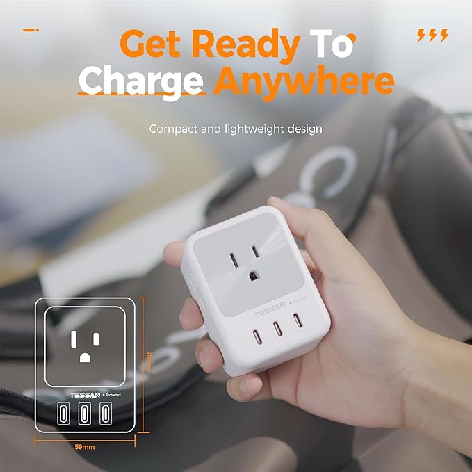 USB Multi Plug Outlet Splitter, TESSAN Surge Protector 4 Outlet Extender with 3 USB C Wall Charger Blocks, 3-Sided Multiple Plug Expander for Home Office Dorm Room Essentials