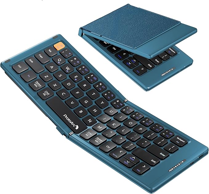 ProtoArc Foldable Compact Keyboard, XK04 Portable Bluetooth Keyboard with PU Leather Cover, Pocket-Sized Wireless Travel Keyboards for iPad, iPhone, Smartphone, Tablet and Laptop - Blue