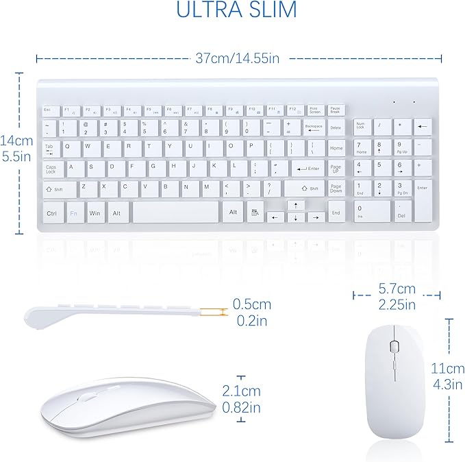 Wireless Keyboard and Mouse Ultra Slim Combo, TopMate 2.4G Silent Compact USB 2400DPI Mouse and Scissor Switch Keyboard Set with Cover, 2 AA and 2 AAA Batteries, for PC/Laptop/Windows/Mac - White