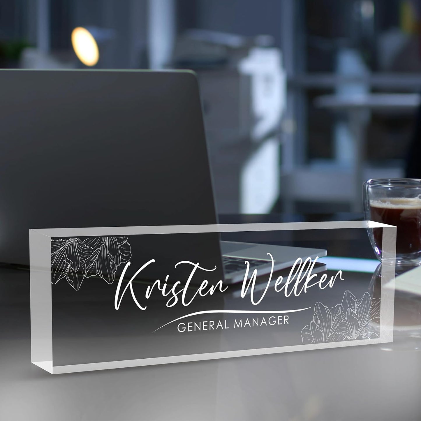 Custom Office Name Plate for Desk, Desk Name Plate Personalized, Personalized Gifts for Women, Appreciation Gifts for Employee Coworkers Boss Teacher, Office Accessories (Engrave Flowers)