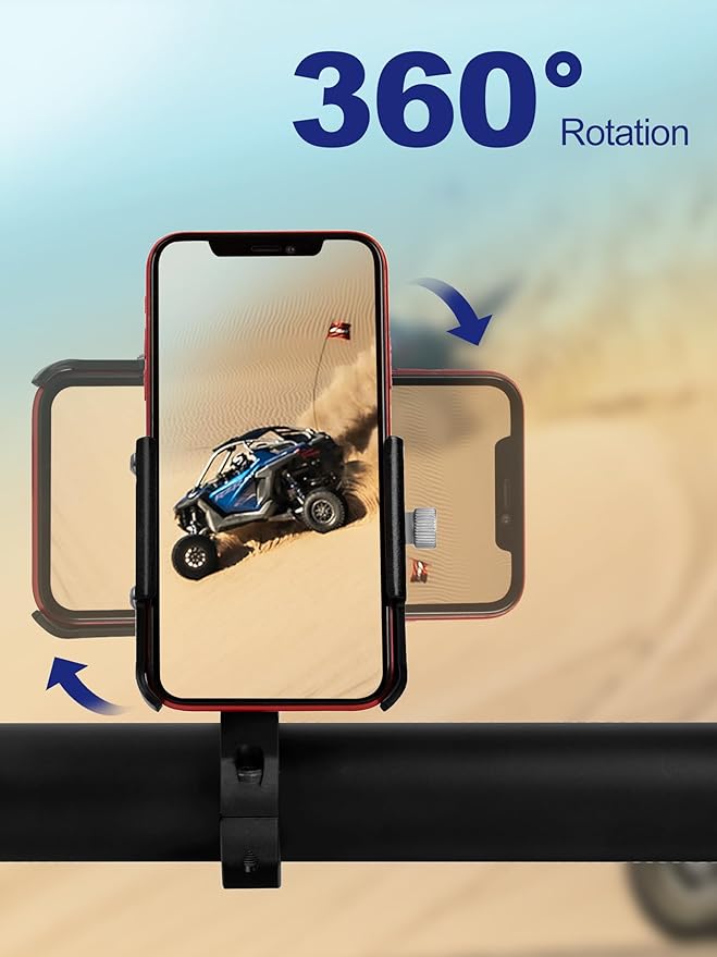 UTV Phone Mount, Aluminum Heavy Duty UTV Phone Holder Fit for 1.75"-2" Roll Cage, Compatible with Polaris RZR/Can Am X3/Kawasaki Teryx/Talon Pioneer 1000, No Block Camera & Buttons
