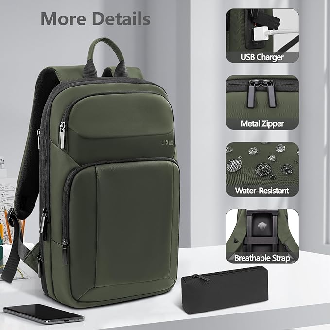 Backpack for Men Slim & Expandable Travel Laptop Backpack with USB Charging Port Water Resistant Anti-Theft Business Backpack Fits 15.6 Inch Laptop for Commute Work College with Small Bag(Olive Green)