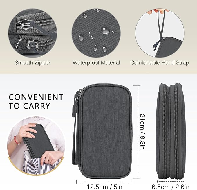 Skycase Large Capacity Pencil Case - Waterproof Travel Cable Organizer, Cable Organizer Bag, All-in-One Double Layers Electronic Cord Travel Organizer for Accessories, Charger, Cable, Power Bank, Grey