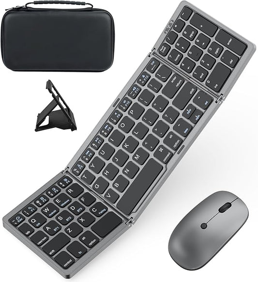 Foldable Keyboard and Mouse for Laptop, Travel Bluetooth Folding Keyboard Mouse with Portable Case, Rechargeable Keyboard for Business, 2.4G Wireless & Bluetooth, for iPad Tablets Laptop iOS Android