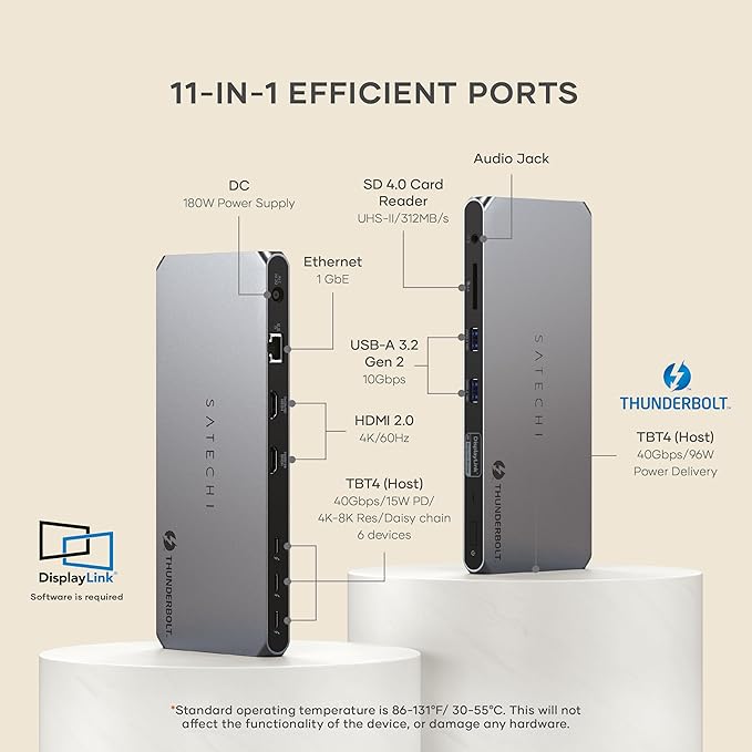 Satechi Thunderbolt 4 Dock 100W Charging, Dual Monitor HDMI 4K/60Hz, 40Gbps Data Transfer, 2 USB-A 3.2, Ethernet, Thunderbolt 4 Dock for MacBook Air/Pro M4, Mac/Windows, DisplayLink Software Required