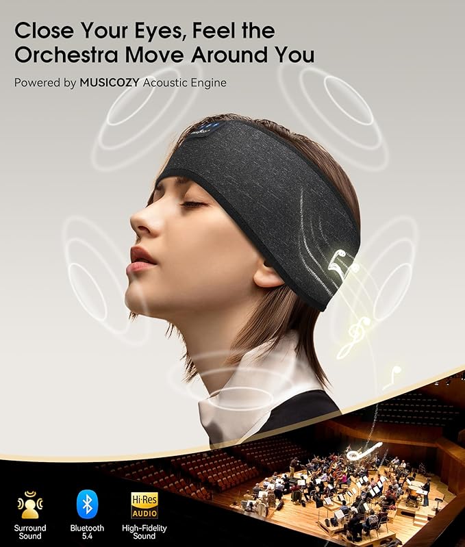 MUSICOZY Sleep Headphones Bluetooth 5.4 Headband, Wireless Earphones Music Sleep Earbuds Sleeping Eye Mask with HD Stereo Speakers for Workout Running Travel Yoga, Ideal Gifts for Women Men