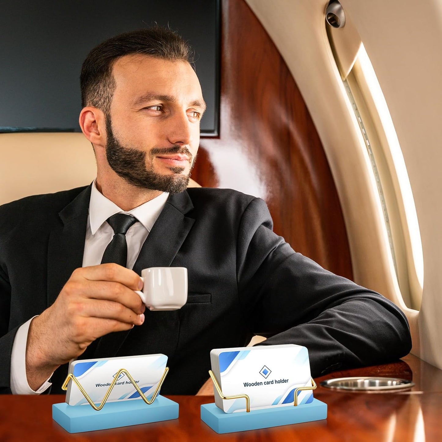 Amyhill 2 Pieces Wood Business Card Holder for Desk Wooden Business Card Display Stand Postcard Holder for Office Home Desktop (Blue Color, Gold)