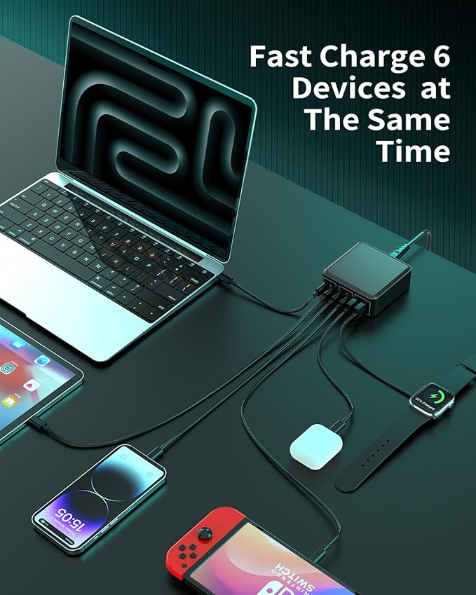 MSTJRY Charging Station for Multiple Devices : 130W 6 Port GaN Fast USB C Charger Station, Compact Multi Port PD 65W 45W Charger for MacBook Pro/Air/iPad iPhone 16 15/14/13/Pro Max/Galaxy