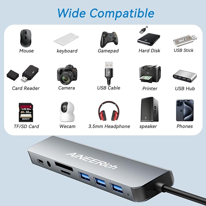 USB Hub,USB C Hub Multiport Adapter,8 in 1 USB-C Hub Extended 4 USB-A + 1 Type C Port,TF/SD Card Reader Slot,3.5mm Audio Output for iPhone 16 15,Laptop,PC,MacBook Pro Air,iPad
