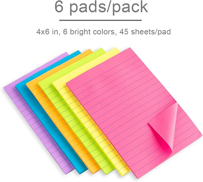 Lined Sticky Notes 4X6 in Bright Ruled Stickies Colorful Super Sticking Power Memo Pads, 45 Sheets/pad, 6 Pads/Pack