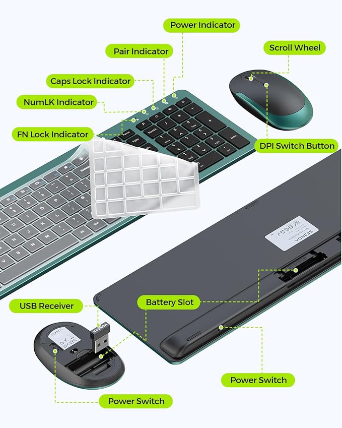 Wireless Keyboard and Mouse Combo - Full Size Slim Thin Wireless Keyboard Mouse with Numeric Keypad 2.4G Stable Connection Adjustable DPI (Dark Green)