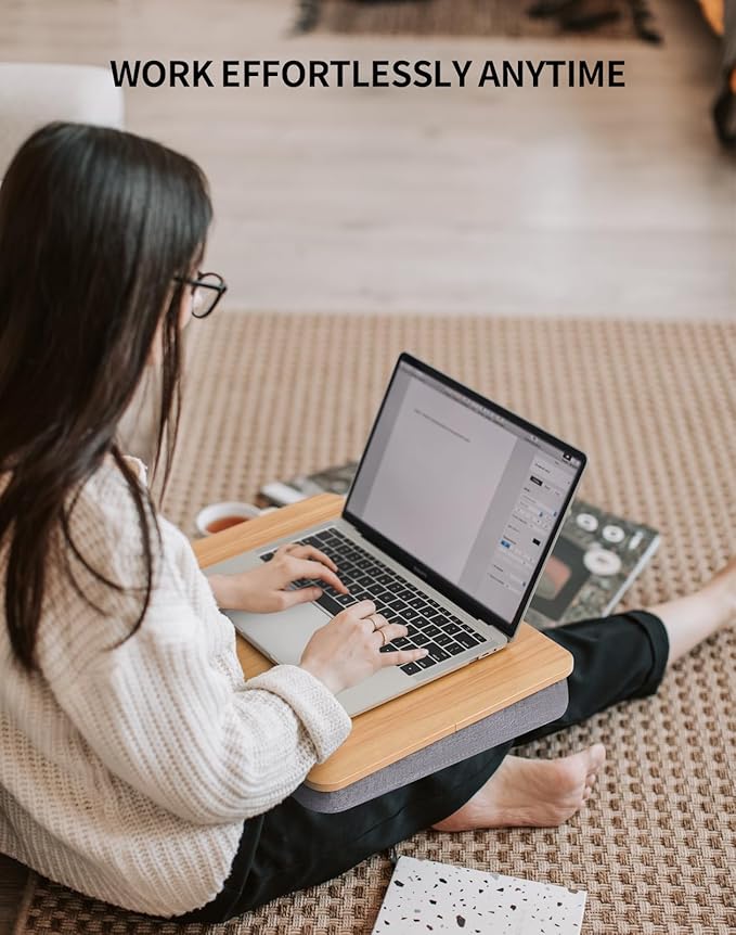 Lap Desk with Pillow Cushion, Portable Laptop Bed Desk, Fits up to 15.6 inch Laptop, Lap Stand for Bed & Couch & Carpet, Book Tablet/Drawing Board - Light Brown Wood