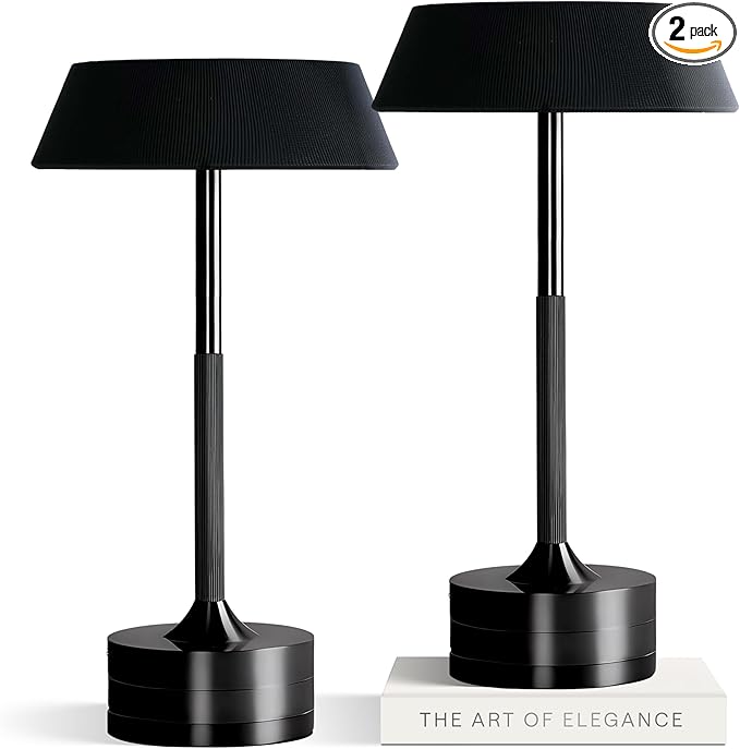 LED Cordless Table Lamp - Rechargeable Light for Home, Bedside, Kitchen - Small Dimmable Tap Lights - Battery Powered Touch Lamp for Desk Wireless - Black and Gold Lamp Shades, IP44, USB Type C Cable