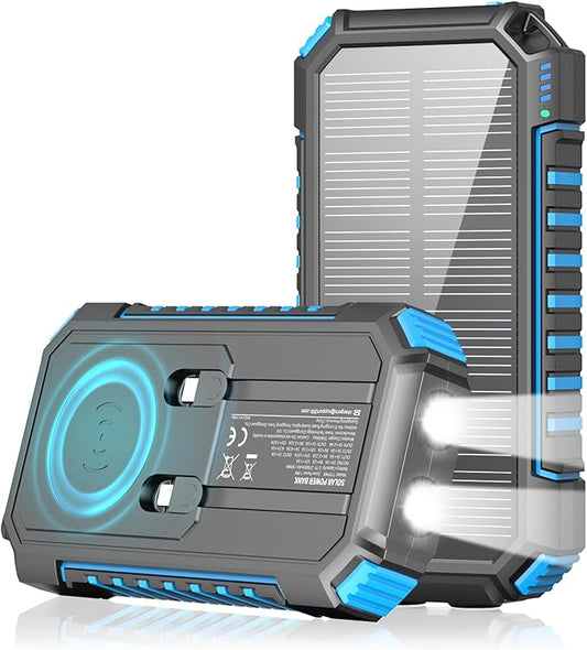 Riapow Solar Charger Power Bank - 27000mAh/99000mWh Wireless Portable Charger Built in 2 Cables - 22.5W Fast Charging Battery Bank with USB C in/Output, PD QC 3.0 Battery Pack Flashlight Outdoor