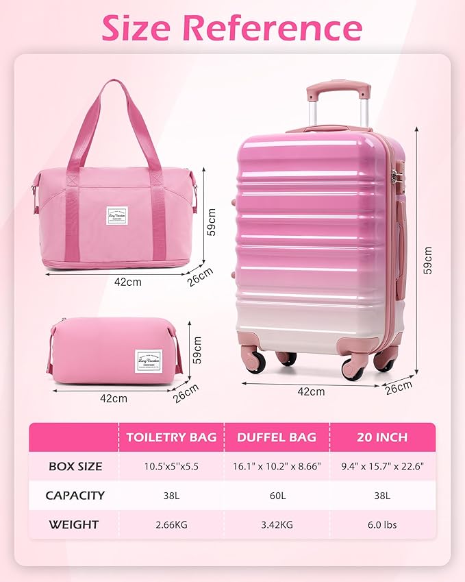 LONG VACATION Carry On Luggage Sets 3 Piece 20 Inch Suitcase Set, ABS+PC Hardshell Lightweight Travel Luggage with Spinner Wheels & YKK Zipper TSA Lock (Pink and White, 20 INCH)