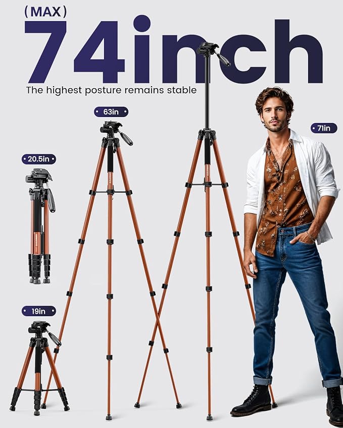 CAMBOFOTO 74"-Camera-Tripod, Professional Aluminum Heavy Duty Tripod Stand for Mirrorless Camera/DSLR/Cell Phone/Camcorder, with Holder and Travel Bag (Orange)