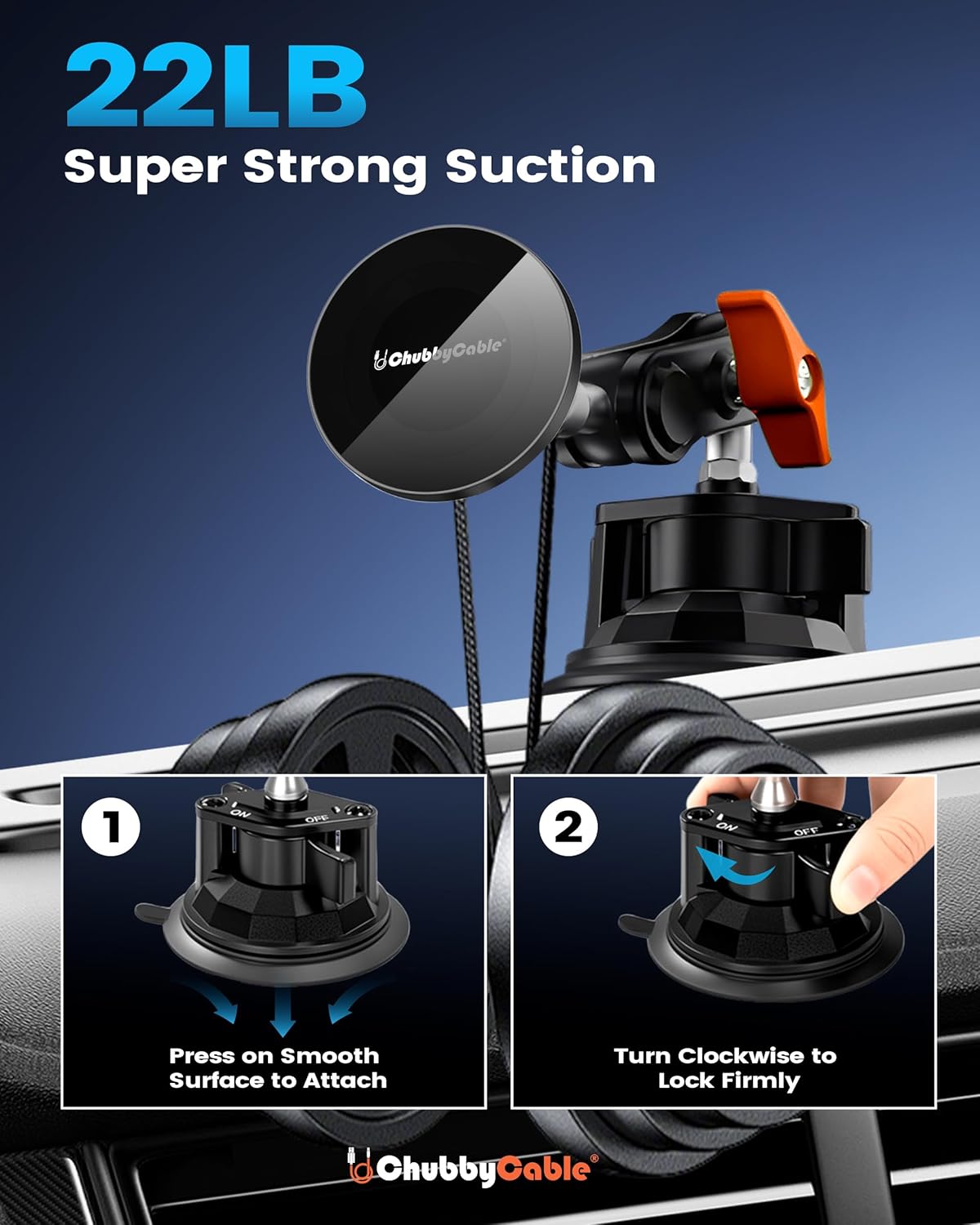 chubbycable ChubbyGrip Pro Dash Mount Vacuum Magnetic Phone Holders for Your Car 360° Rotation Suction Cup Phone Mount for Windshield, Magnetic, Orange
