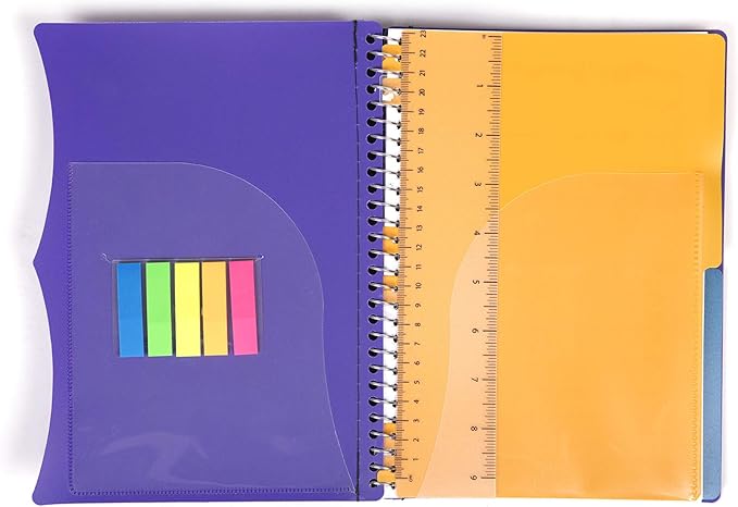 Mintra Office Durable PREMIUM Spiral Notebook, ((Purple, 2 Subject (6in x 9.5in)), Wire, Fabric Covered Coils, No Snags, Removable Adjustable Pocket Dividers, Ruler, Organization, Customizable