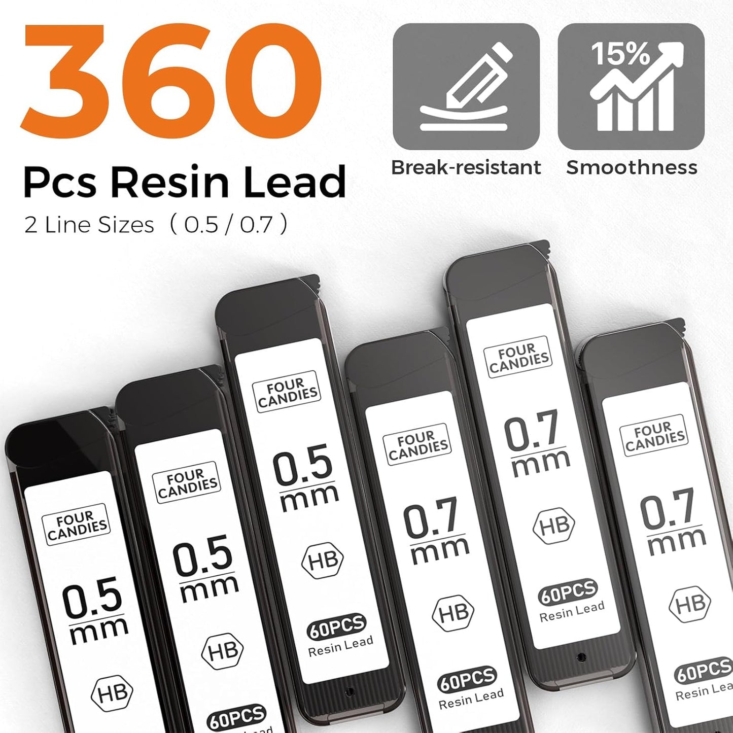 Four Candies 2PCS Metal Mechanical Pencils Set with Case, 0.5mm & 0.7 mm Artist Pencil with 6 Tubes (360PCS) HB Lead Refills, 3 Erasers,9 Eraser Refills For Writing Drafting, Drawing, Black