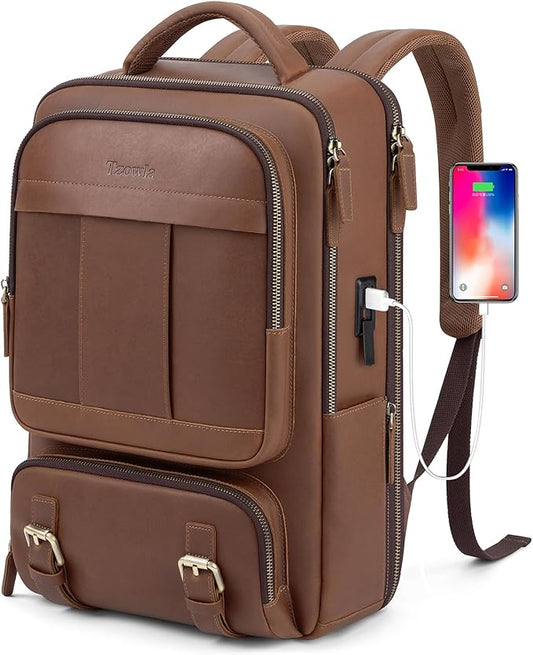 Tzowla Leather Laptop Backpack, Bag for Men and Women,Business Travel Work Rucksack Fits 15.6 Inch Laptop, Bookbag with USB and Type-C Charging Port-Brown