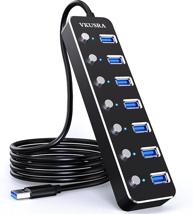 USB Hub, VKUSRA 7 Port USB Hub 3.0 with 4ft USB Long Cable, and Aluminum USB 3.0 Hub with Individual On/Off Switch and LED Indicator, USB Splitter for Laptop & PC, Power Adapter Not Included